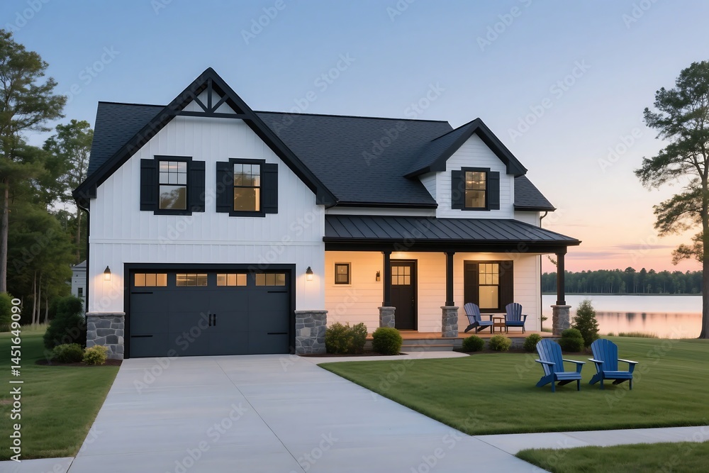 New residential family home on the lawn with brick exterior and front windows under the sky New residential family home on the lawn with brick exterior and front windows under the sky