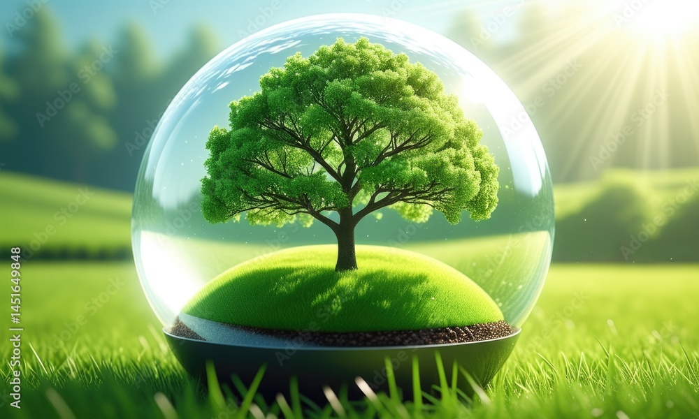 Eco sphere with tree showcasing sustainable nature in sunlit landscape Eco sphere with tree showcasing sustainable nature in sunlit landscape