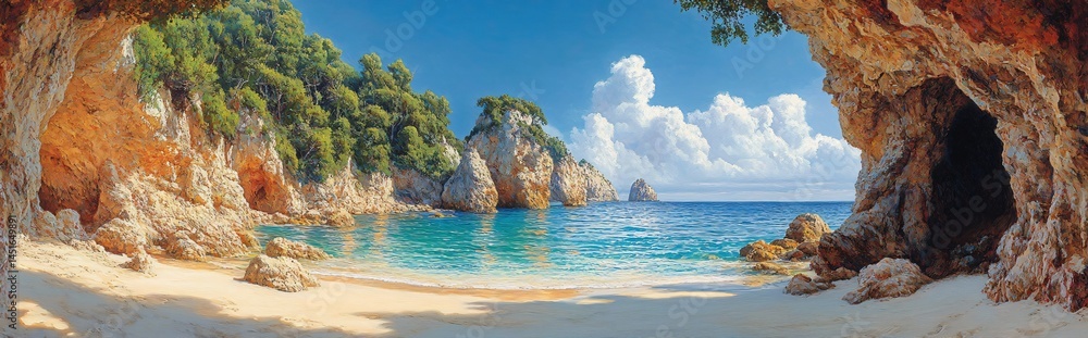 Fototapeta premium Secluded cove panoramic for summer getaway designs & adventure promotions. Impressionistic beach, turquoise waters, golden sand & dramatic cliffs. Travel posters, vacation blogs.