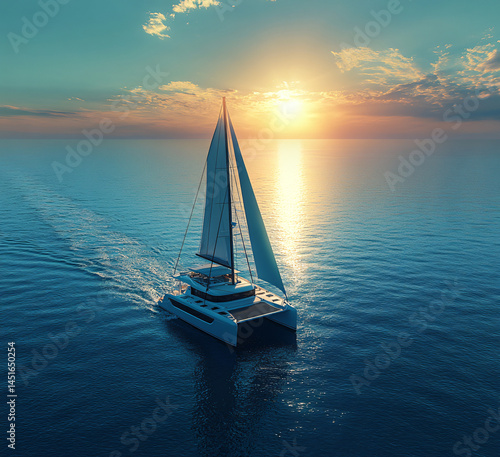 Luxury catamaran sailing turquoise sea. Adventure travel, yachting lifestyle. Perfect for summer vacation ads, nautical themes, tropical backgrounds. Freedom, luxury, recreation.