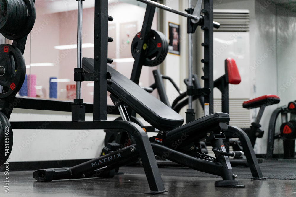Fototapeta premium sstkWellness captures the essence of modern fitness with this striking image of a mechanical strength training machine loaded with weight plates, highlighting the synergy between structured physical