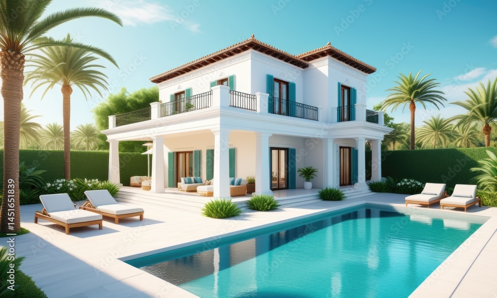 Fototapeta premium Luxurious mediterranean villa with pool and palm trees under a clear blue sky