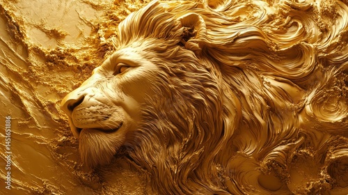 Fototapeta Naklejka Na Ścianę i Meble -  Golden lion bas-relief on textured wall