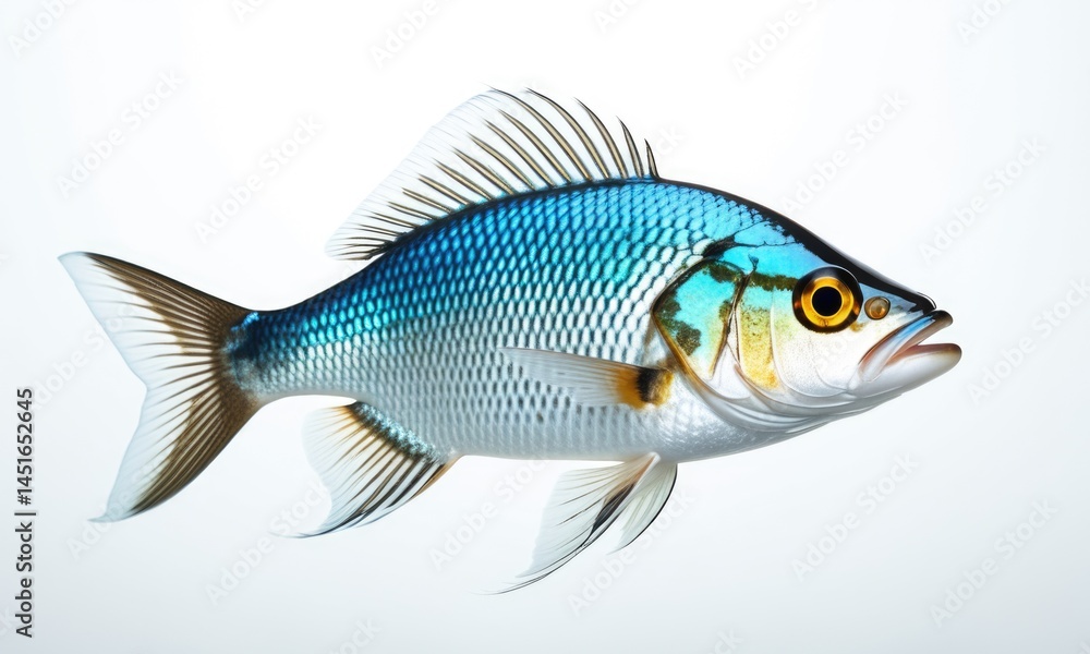 Vibrant blue fish with detailed scales and fins on a white background Vibrant blue fish with detailed scales and fins on a white background