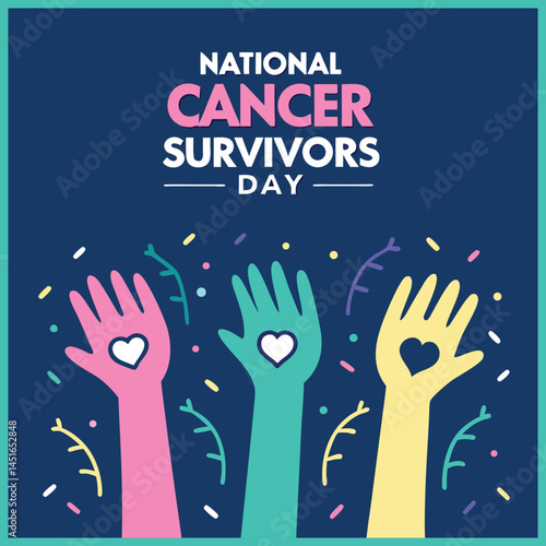 Colorful Cancer Survivors Day Poster with Raised Hands and Love Symbols with vector design


