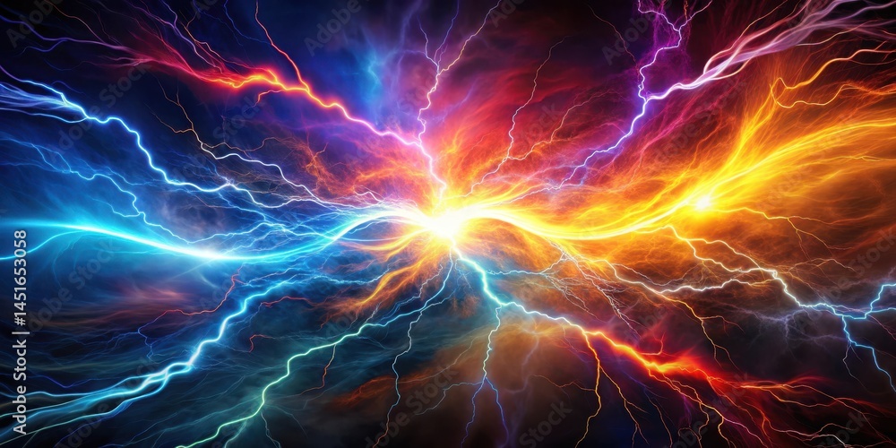 Obraz premium A vibrant lightning illuminates a dark abstract background with swirling shapes and colors, dynamic composition, vibrant lightnings