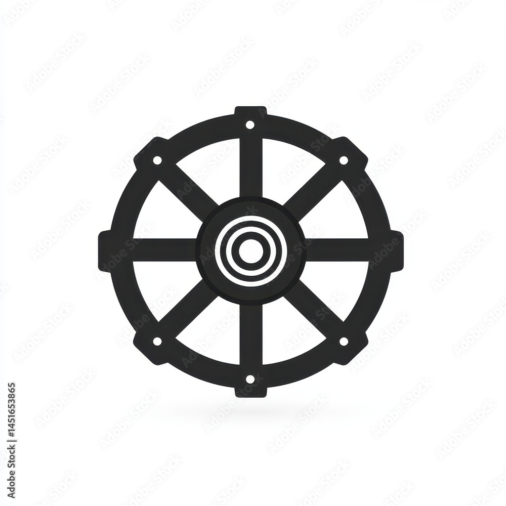 Obraz premium Stylized Black Wheel Illustration with Eight Spokes on White Background
