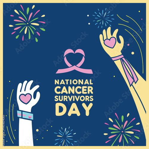 Colorful Cancer Survivors Day Poster with Raised Hands and Love Symbols with vector design

