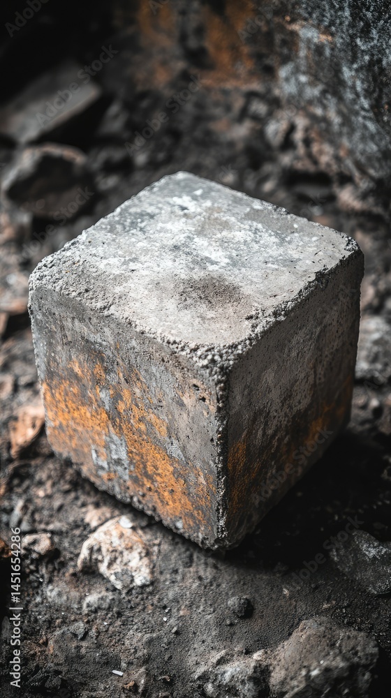 Gray cube-shaped concrete block sits on a dark, uneven ground Gray cube-shaped concrete block sits on a dark, uneven ground