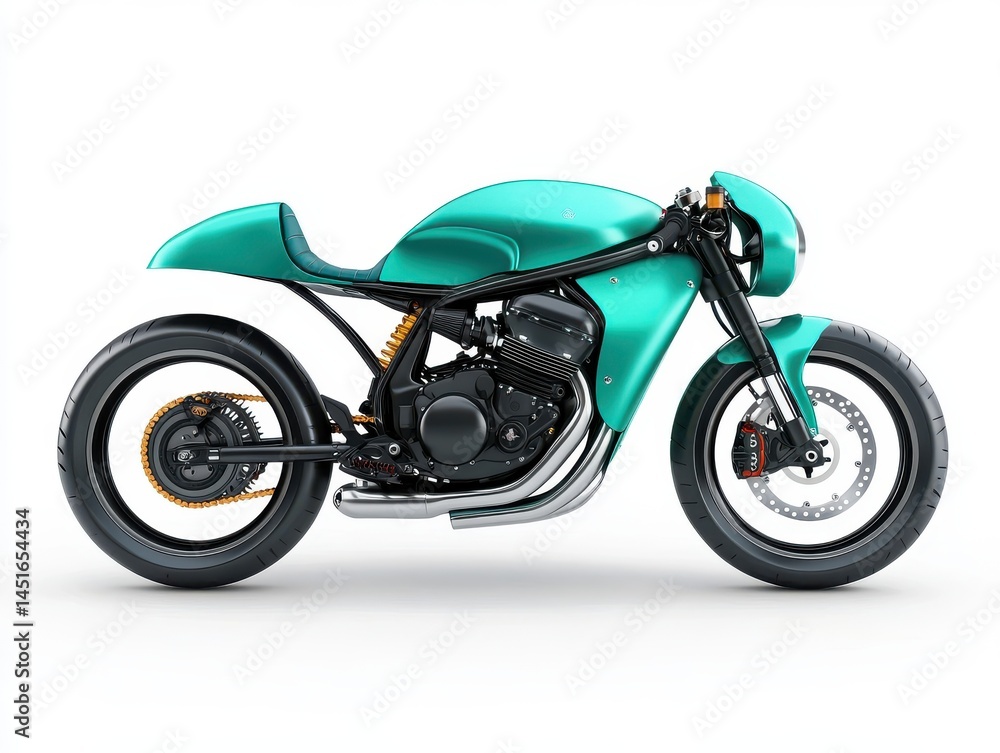 Teal Custom Motorcycle Side Profile on White Background Teal Custom Motorcycle Side Profile on White Background