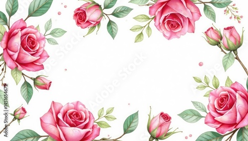 Delicate watercolor roses & leaves, repeat pattern, background, spring