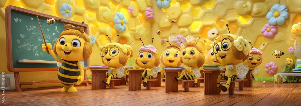 3D Cartoon Bee Characters in a Whimsical Classroom