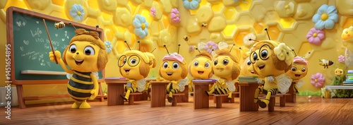 Obraz na płótnie 3D Cartoon Bee Characters in a Whimsical Classroom w salonie