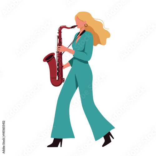 Stylish woman playing saxophone in vibrant outfit  