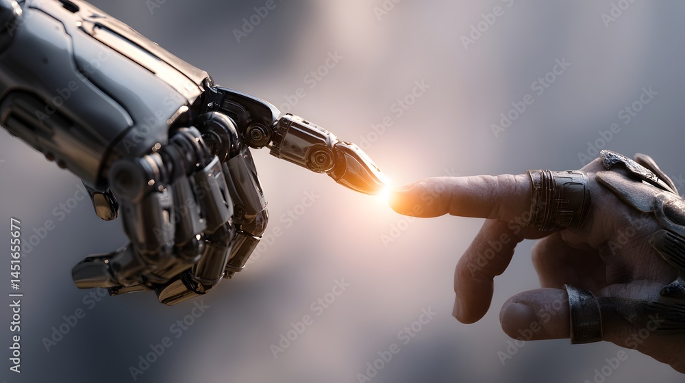 Human and Robotic Hands Touching with Glowing Light – Symbol of Artificial Intelligence Collaboration and Unity