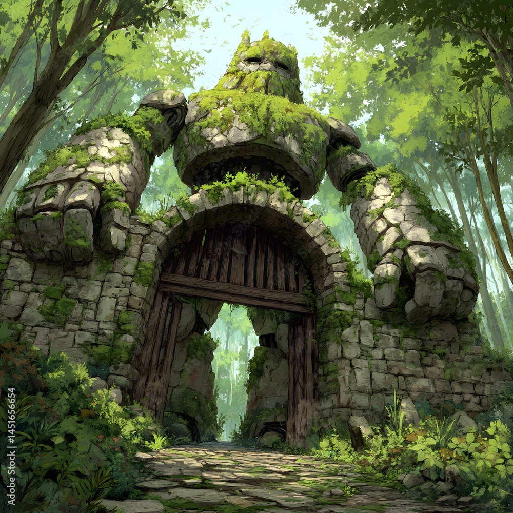 The Stone Sentinel: Moss-Clad Giant Forest Gate
