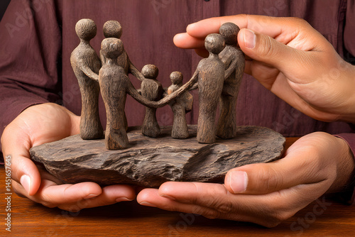 Hands safeguarding a stylized wooden family sculpture, symbolising kinship