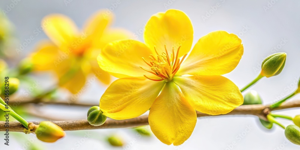 Fototapeta premium Close-up of bright yellow Ochna integerrima flower with delicate petals and intricate details, set against a soft white background , ochna integerrima, close-up