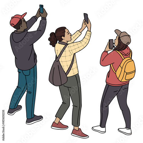 Group of people taking photos with their smartphones vector