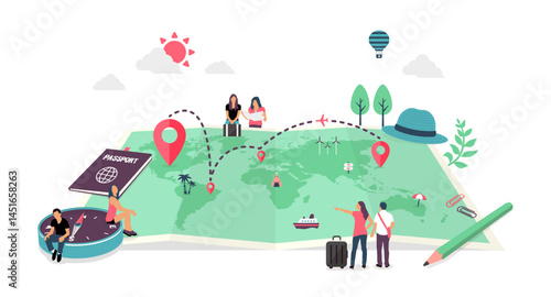 Vector illustration of a large world map and tourists
