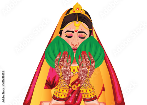 Indian Bengali Bride In Traditional Bengali Cloth Vector Illustration