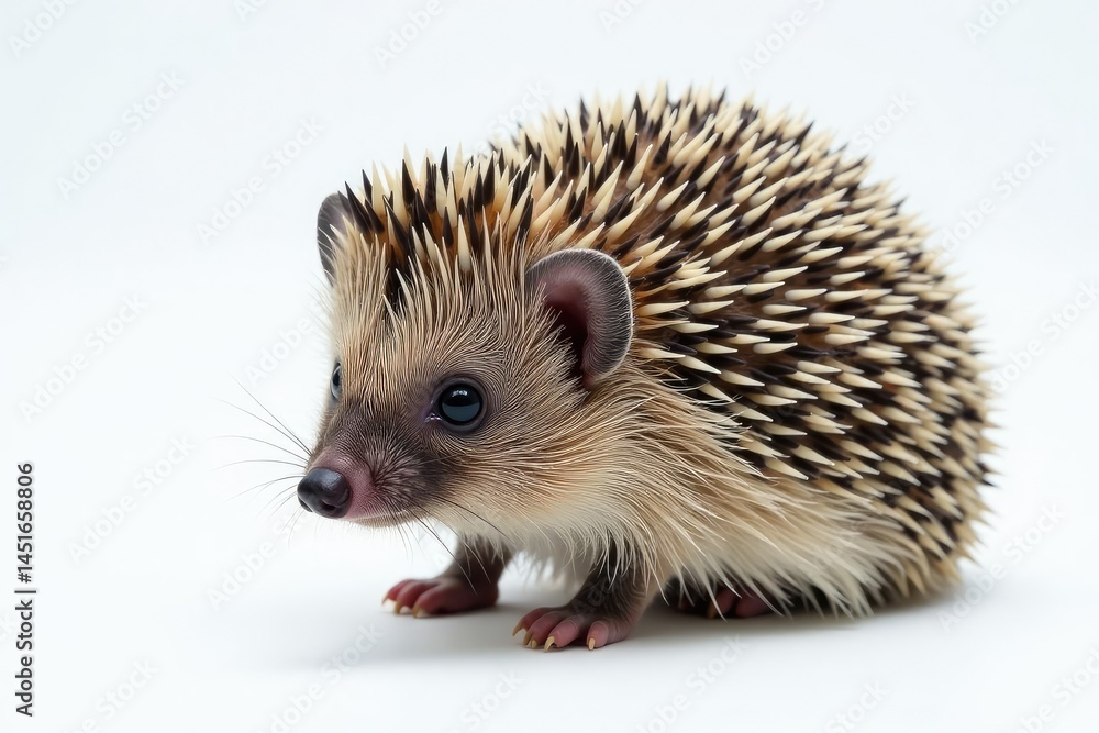 Fototapeta premium Close-up of hedgehog, spines visible, pure white backdrop, white, hedgehog, light