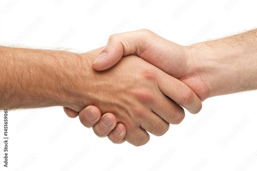 Two hands clasped in a firm handshake against a white background Two hands clasped in a firm handshake against a white background
