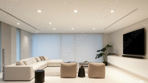 A minimalist ceiling design with clean white lines, embedded recessed lights, and a sleek finish in a modern living room