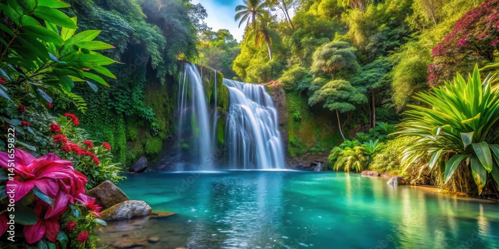 Waterfall cascading into crystal-clear pool surrounded by dense tropical foliage with exotic flowers and lush greenery in a vibrant forest , crystal clear pool, jungle scene Waterfall cascading into crystal-clear pool surrounded by dense tropical foliage with exotic flowers and lush greenery in a vibrant forest , crystal clear pool, jungle scene