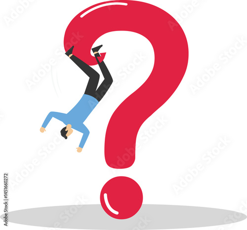 Stucking on unanswered question, unable to solve business or career working problems, stress and empty brain concept. Miserable businessman attaching to question mark sign hook. stock illustration

