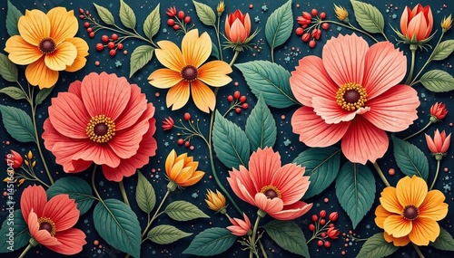 Wallpaper Mural Bold stylized floral tapestry, muted earth tones, nature, closeup, subtle Torontodigital.ca