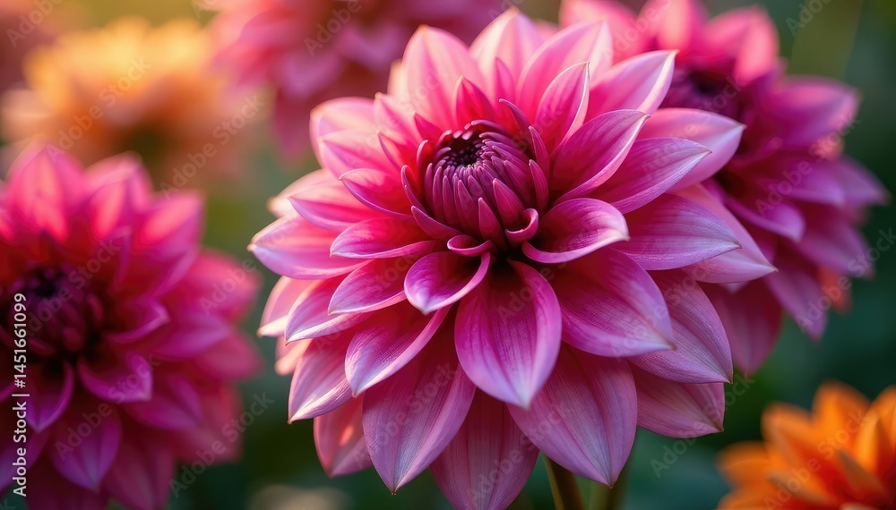 Obraz premium Intricate dahlia blooms, vibrant colors, close-up view, art, graphic