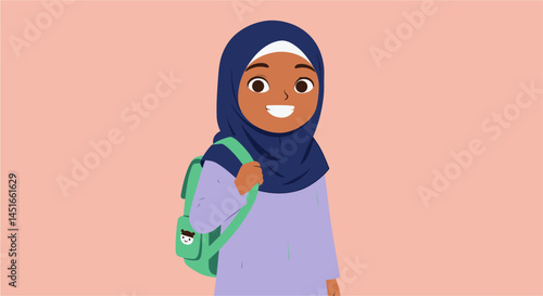Young Muslim girl wearing hijab_and carrying a school bag flat vector design modest outfit
