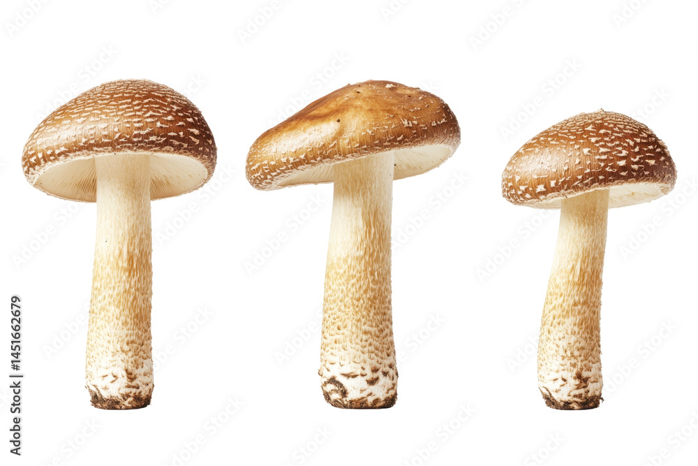 Three Fresh Edible Mushrooms with Varied Caps and Stems on Transparent Background Three Fresh Edible Mushrooms with Varied Caps and Stems on Transparent Background