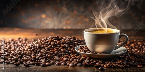 Steaming cup of coffee with scattered coffee beans on the surface and a hint of foam in the background , morning, beans