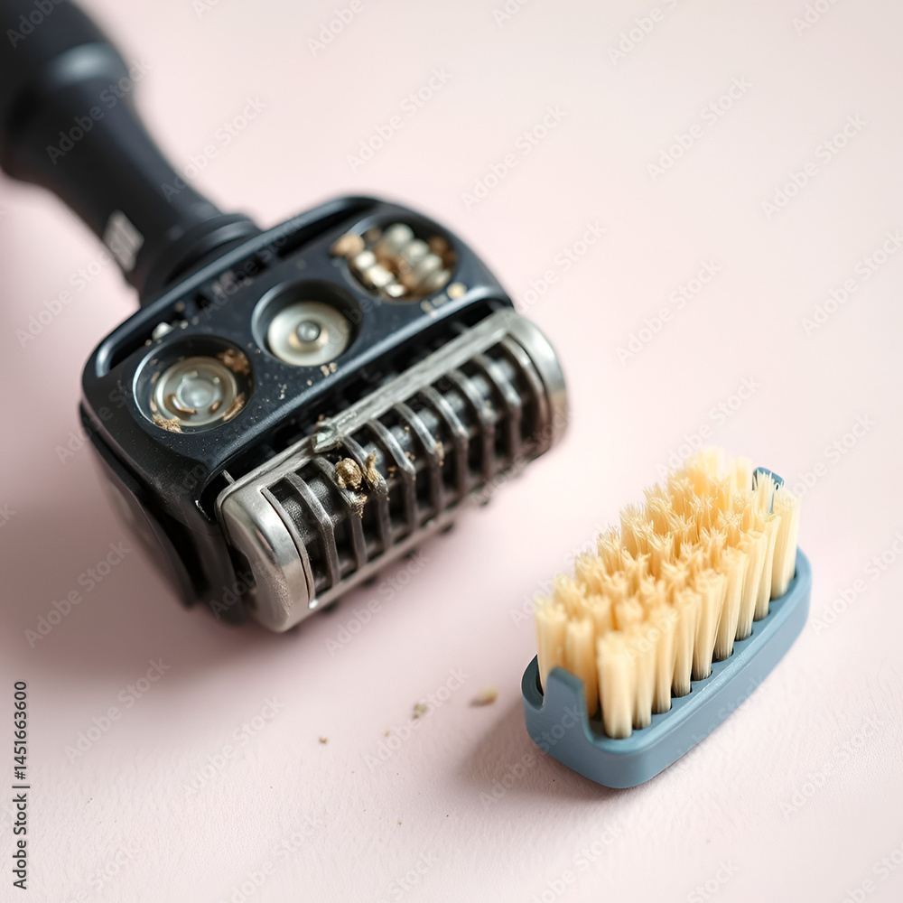 Details of a disassembled dirty shaver head and a cleaning brush on a light background. Soft selective focus. Copy space Details of a disassembled dirty shaver head and a cleaning brush on a light background. Soft selective focus. Copy space
