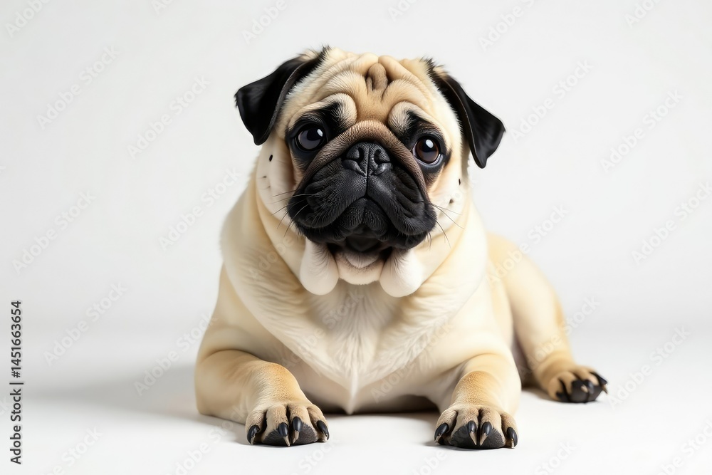 Single pug, relaxed pose, pure white backdrop, wrinkles, animal portrait, sitting Single pug, relaxed pose, pure white backdrop, wrinkles, animal portrait, sitting