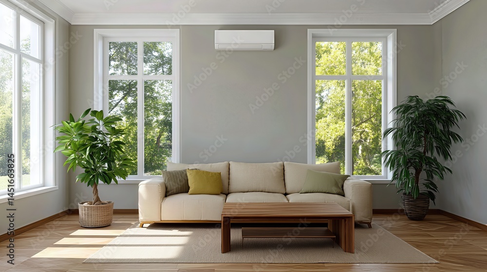 Obraz premium A modern air conditioning unit cools a stylish living room as sunlight pours through large windows, combining comfort, design, and energy efficiency.