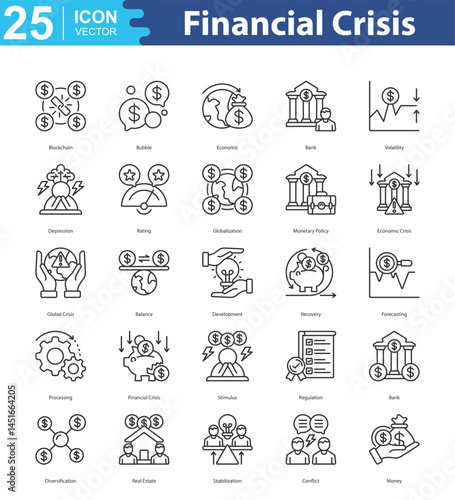 Financial Crisis icon sheet vector illustration blockchain, bubble, economic, bank, volatility, depression, rating, globalization, monetary policy, economic crisis, global crisis, balance, development