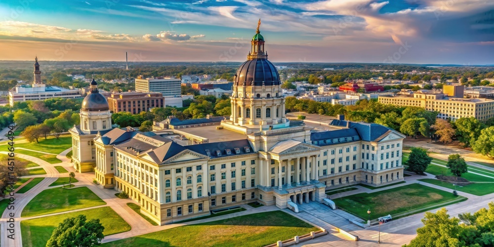 Fototapeta premium Aerial view of the Kansas State Capitol building from above, Building Exterior, Topeka