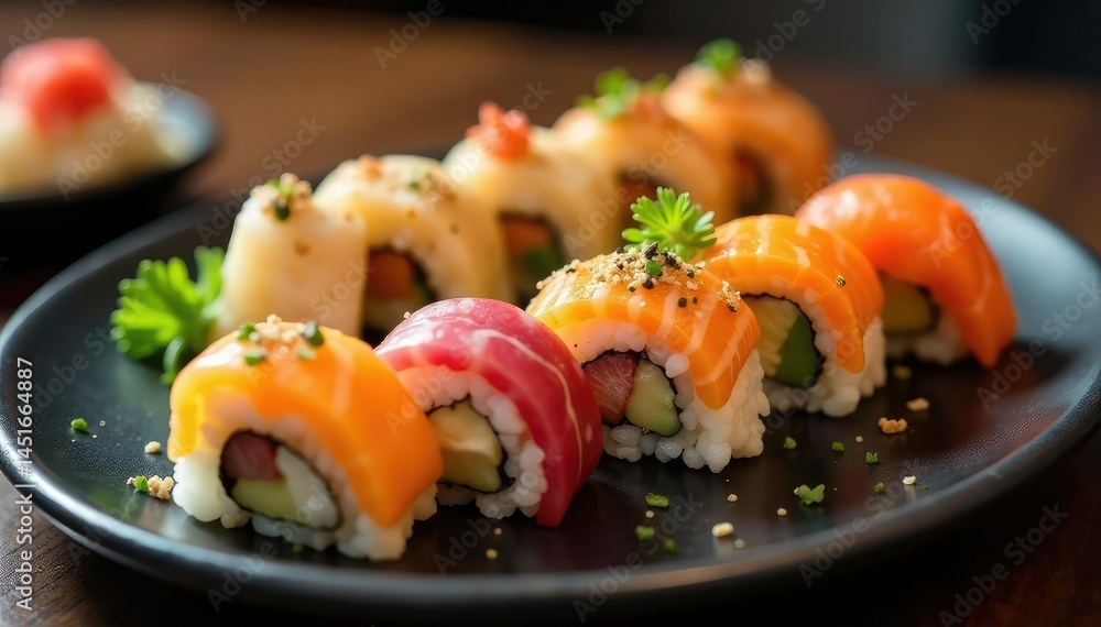 Sushi platter, various rolls, elegant arrangement , beautiful, fish Sushi platter, various rolls, elegant arrangement , beautiful, fish