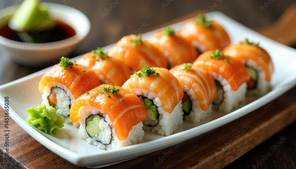Various sushi rolls on white platter, soy sauce, wasabi, stockphoto, bright Various sushi rolls on white platter, soy sauce, wasabi, stockphoto, bright