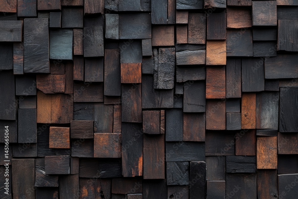 Dark wood blocks, various shades, create a textured wall Dark wood blocks, various shades, create a textured wall
