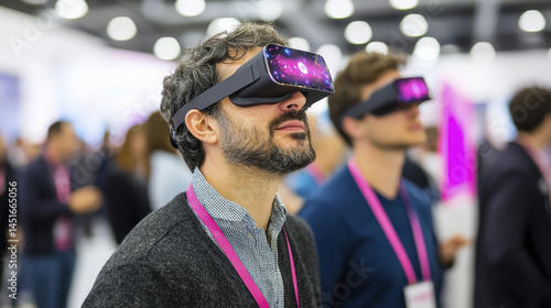 Men wearing virtual reality headsets at tech event, exploring immersive experiences with excitement and curiosity