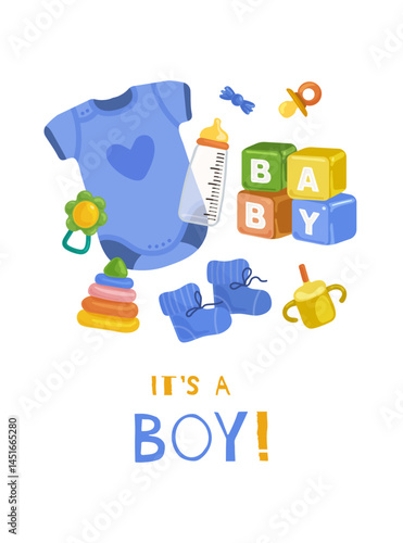 Set of illustrations with clothes and toys for a little boy with a drinking cup, rattle on a white background