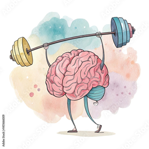 Creative watercolor illustration of a brain lifting weights in a pastel background