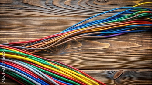 Colorful electrical cables and wires on a toned wooden background with a subtle texture, creating a visually appealing contrast , wooden background, high tech