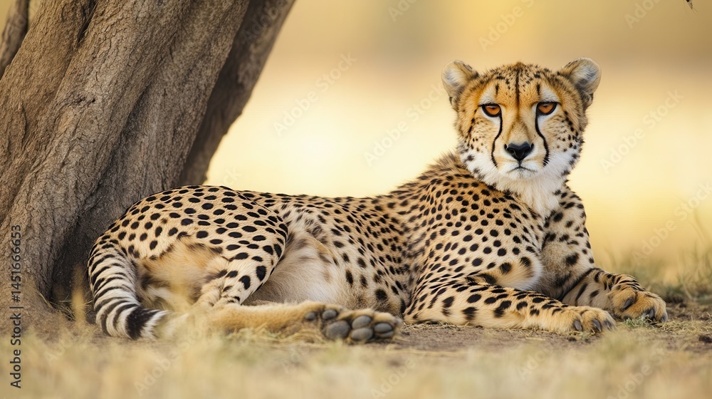 A portrait of a cheetah resting under a tree, capturing its relaxed and serene posture. A portrait of a cheetah resting under a tree, capturing its relaxed and serene posture.
