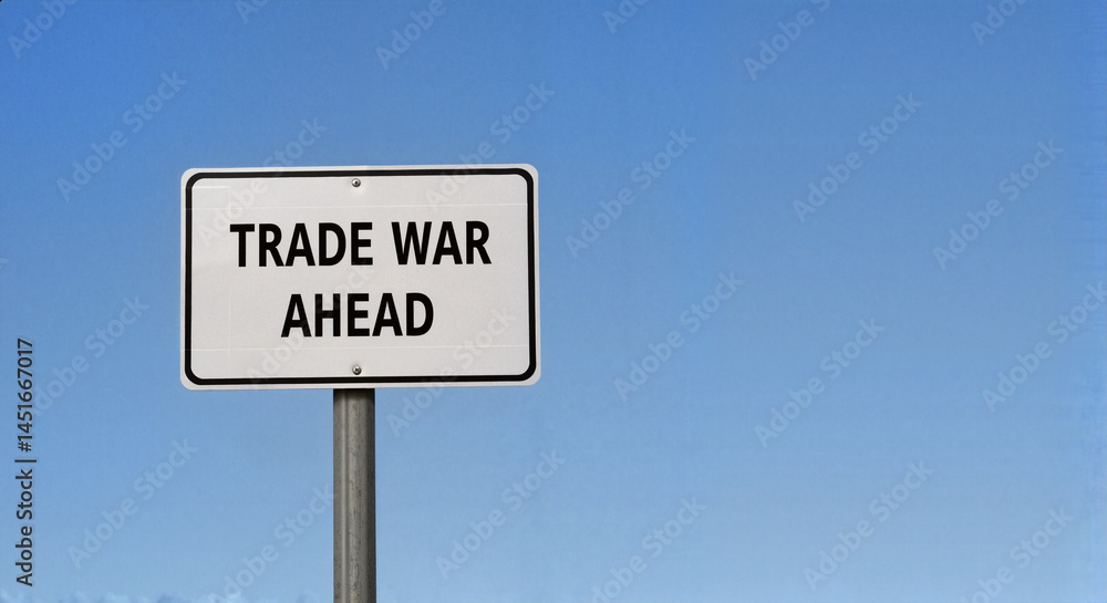 Trade War Ahead Warning Sign with Clear Blue Sky Trade War Ahead Warning Sign with Clear Blue Sky