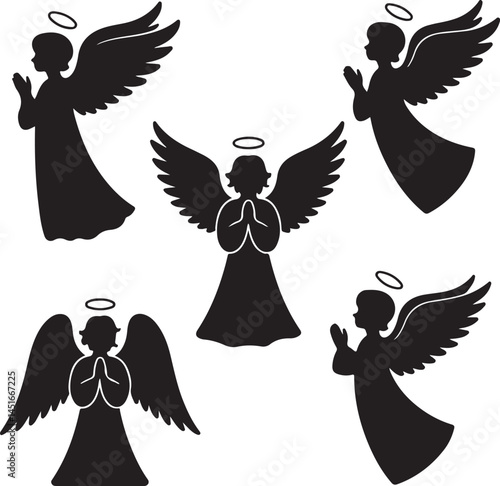 Black Angel Silhouettes Clipart – Praying Angel, Guardian Angel with Wings, Flying Angel, Christmas Theme, Spiritual Clipart Set

